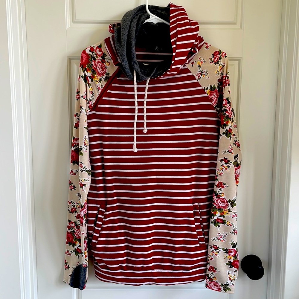 Ampersand Double Hood Floral Raspberry White Stripe Hoodie Sweatshirt Medium M